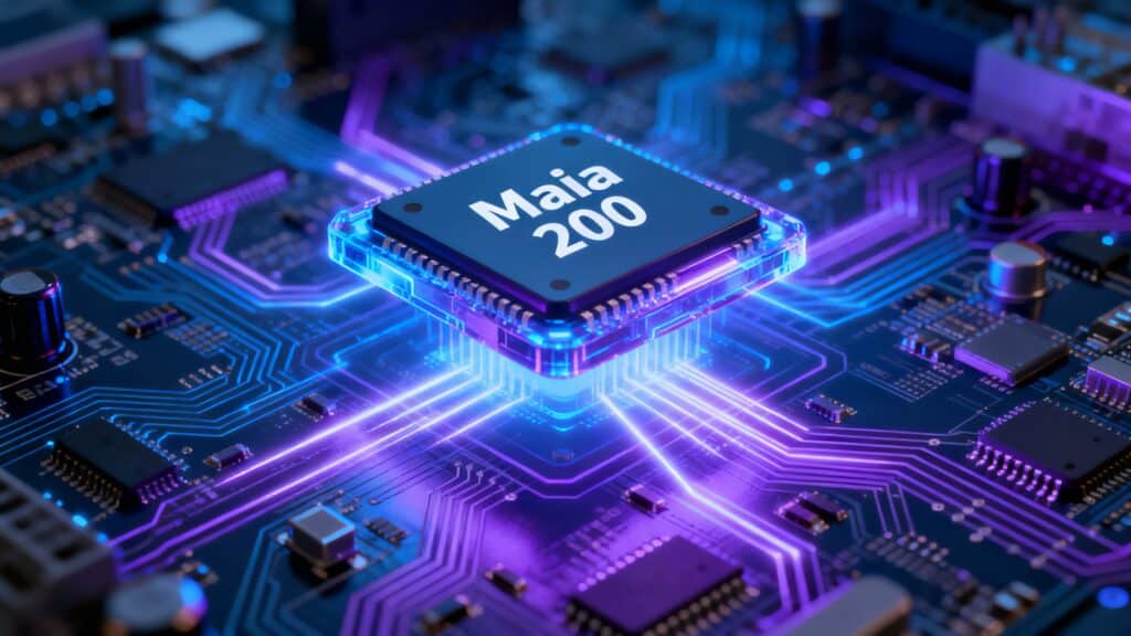 Processeur Maia 200 sur carte mère lumineuse.