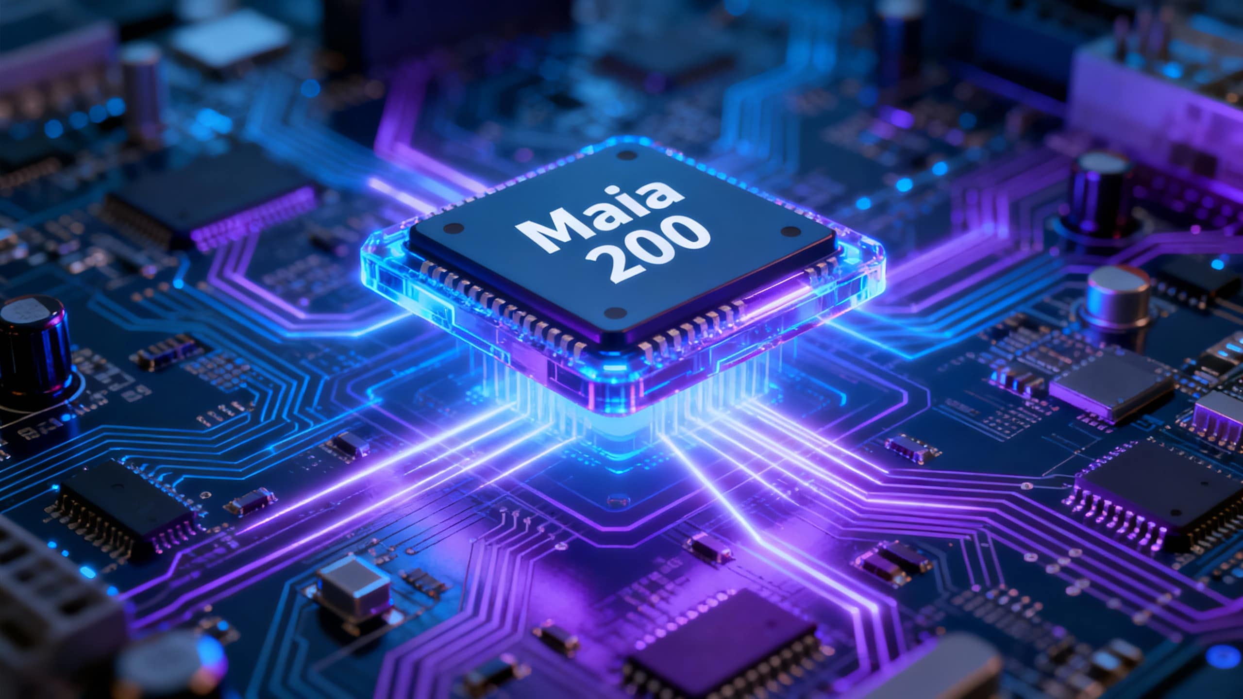 Processeur Maia 200 sur carte mère lumineuse.