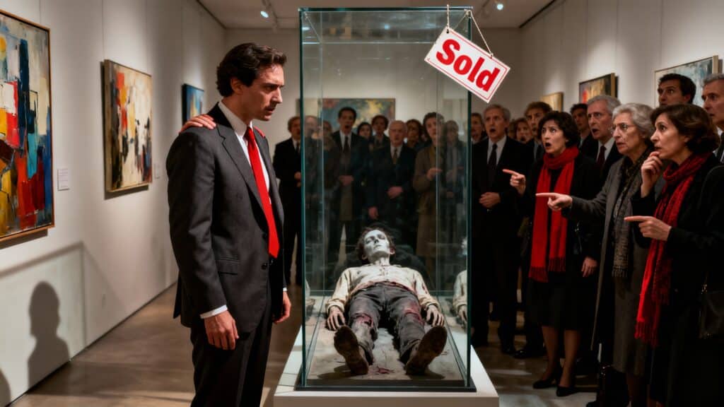 Homme en costume rouge devant sculpture vendue.