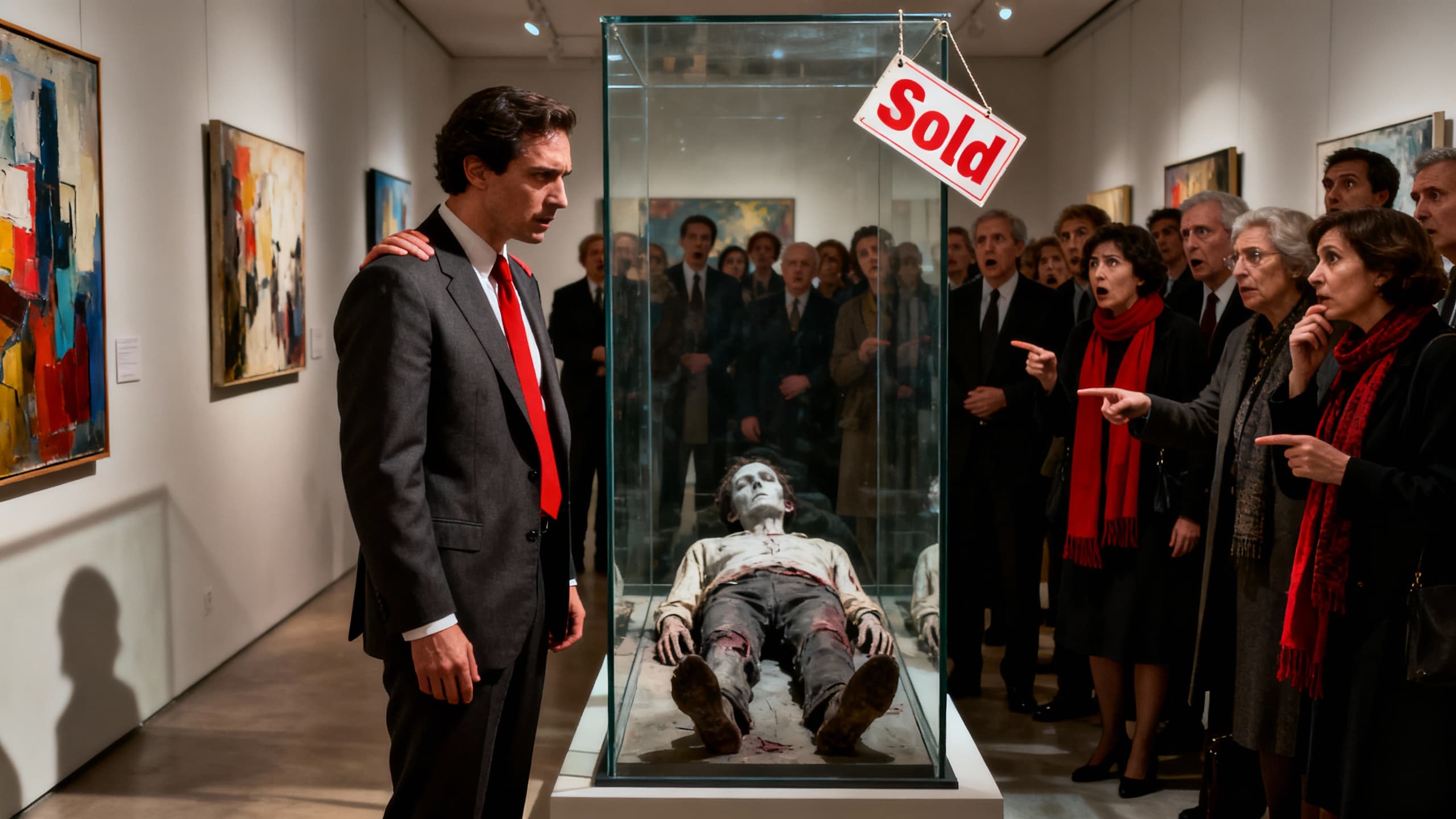 Homme en costume rouge devant sculpture vendue.