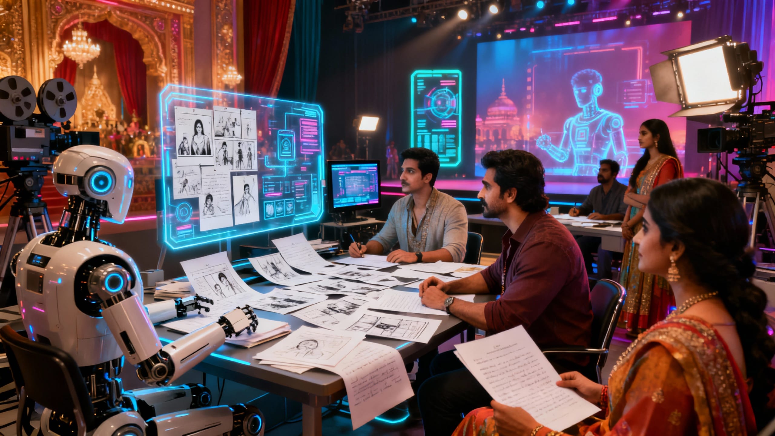 Équipe de tournage et robot analysant des storyboards.
