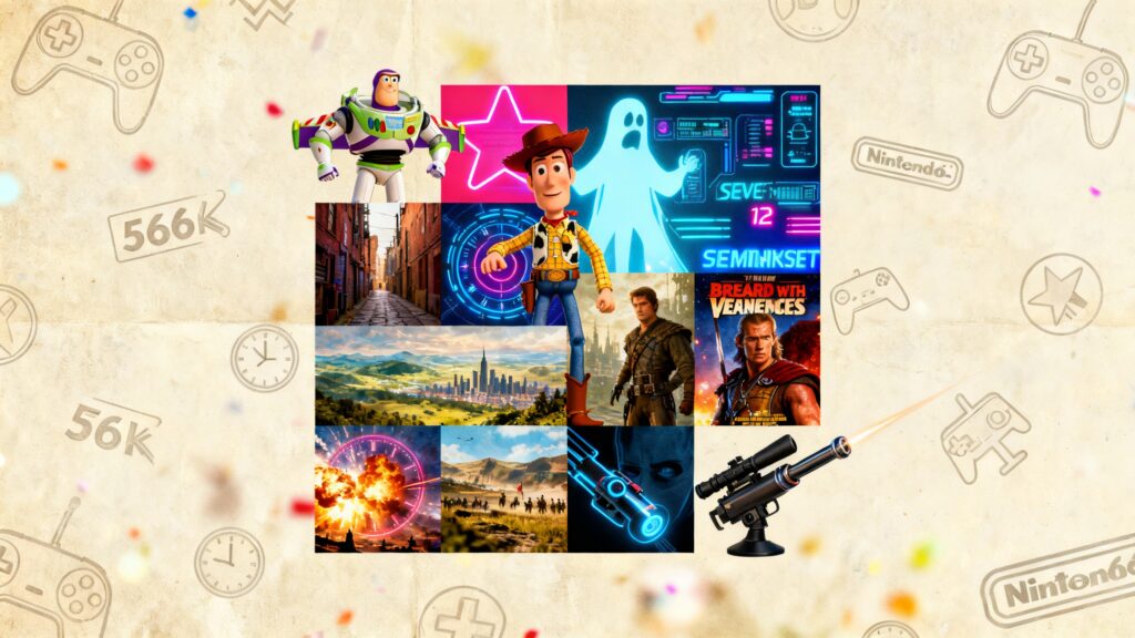 Montage d'images de films et jeux vidéo iconiques.