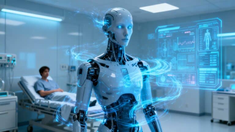 Robot médical dans une chambre d'hôpital futuriste.