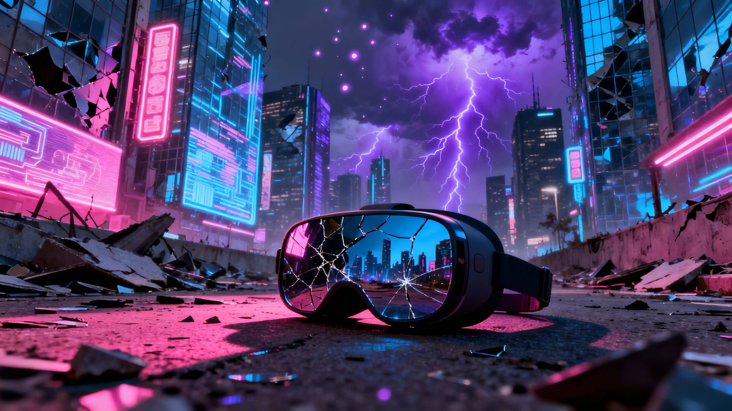 Casque VR brisé dans rue futuriste orageuse.