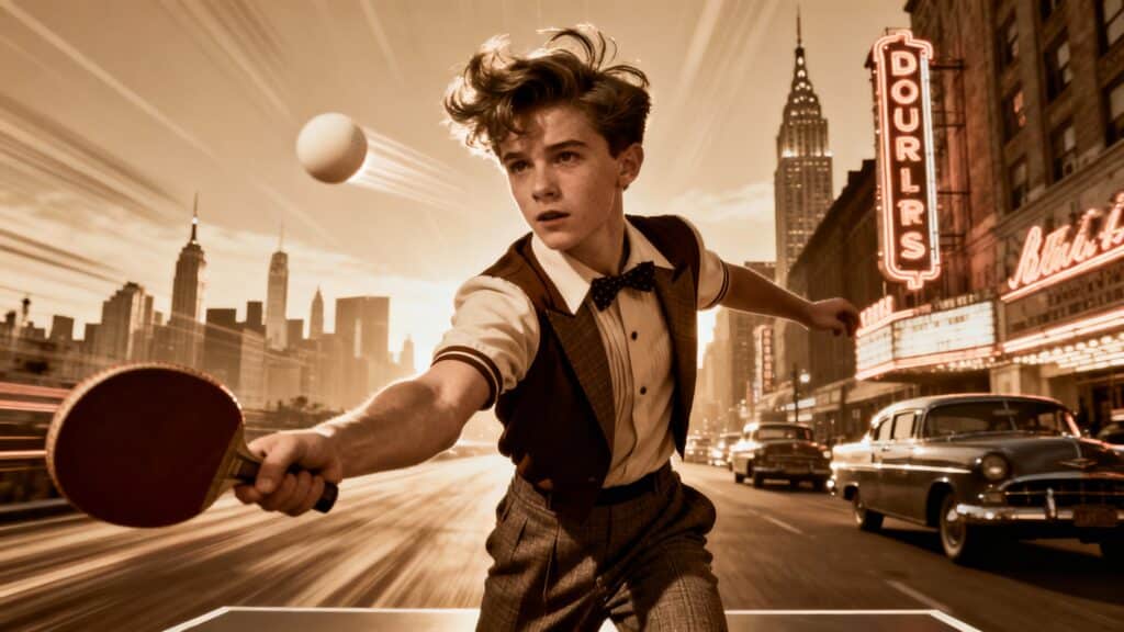 Jeune homme jouant au ping-pong en ville rétro.