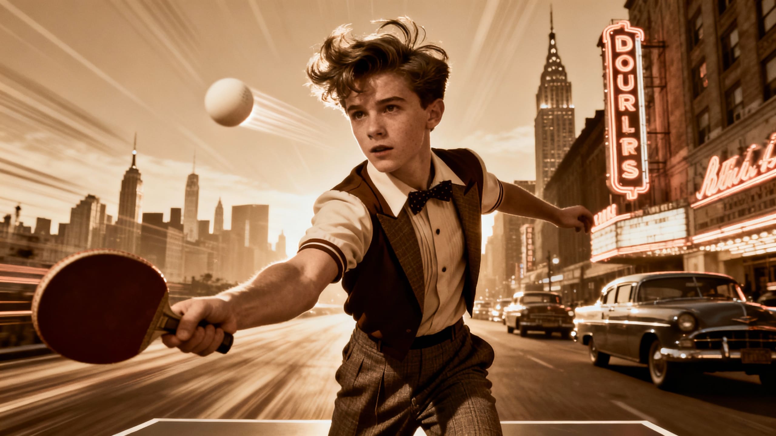 Jeune homme jouant au ping-pong en ville rétro.