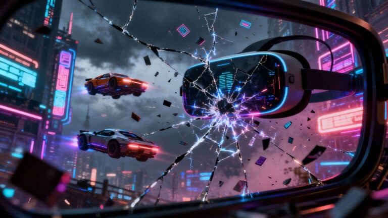 Voitures volantes et casque VR dans une ville futuriste.