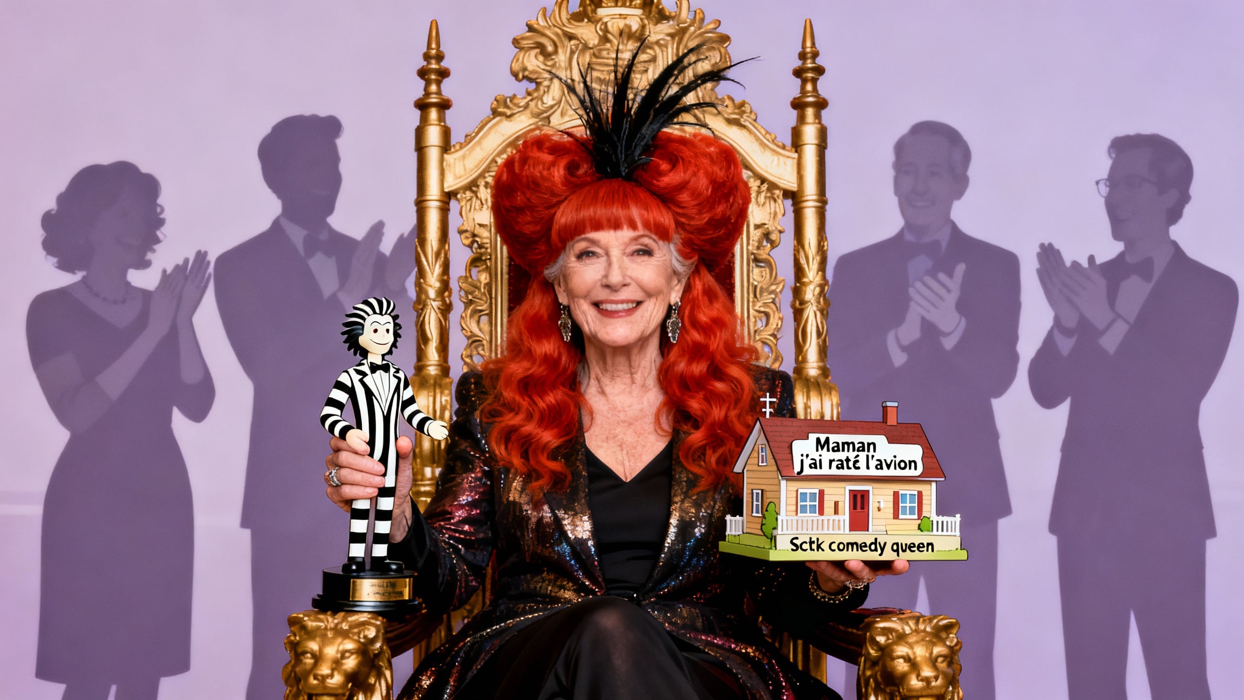 Femme assise sur trône, tenant trophées.