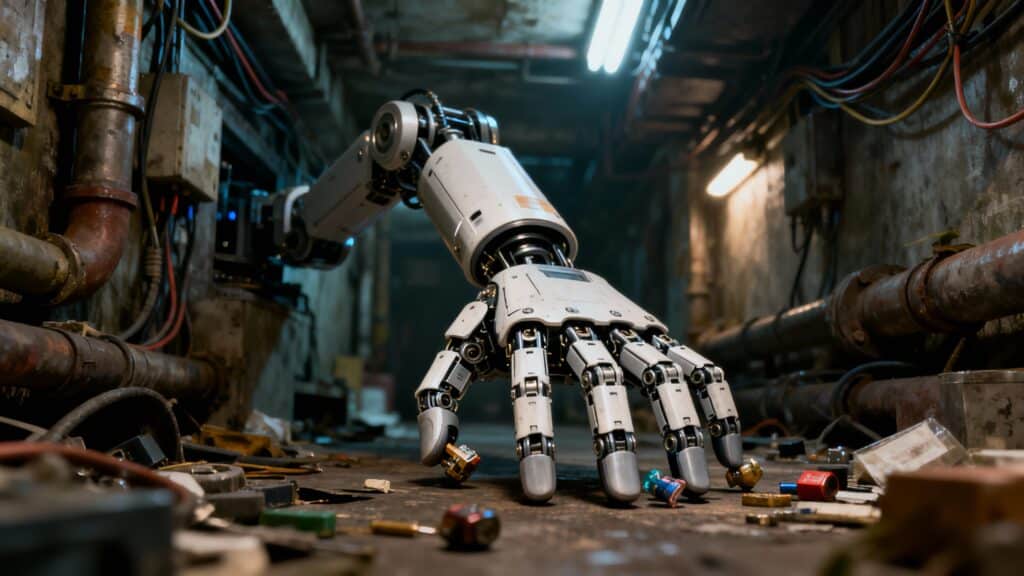 Main robotique ramassant objets dans tunnel industriel.