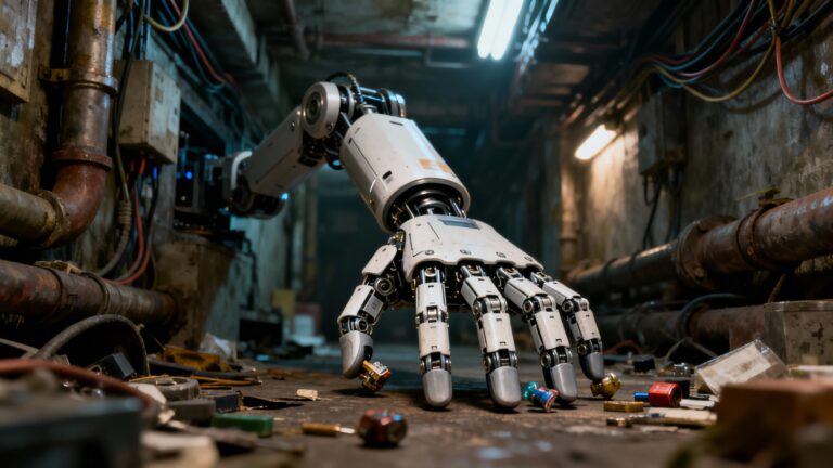 Main robotique ramassant objets dans tunnel industriel.