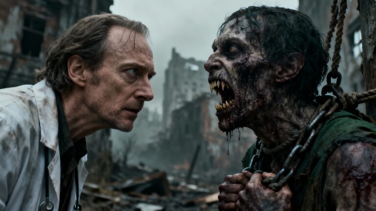 Dialogue tendu entre homme et créature enchaînée.