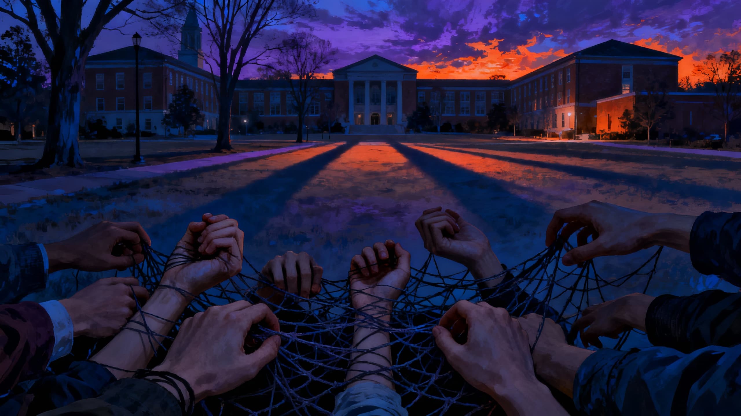 Mains liées par un filet devant un bâtiment au crépuscule.