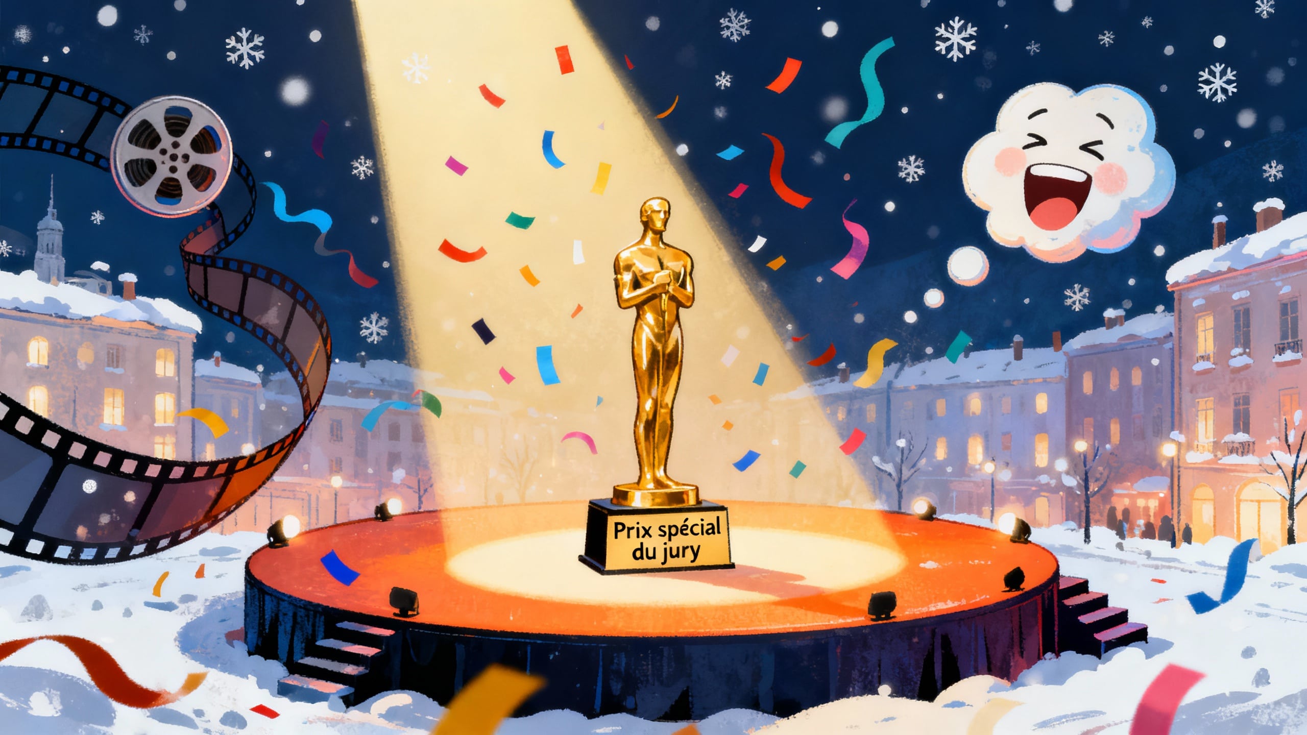 Statue dorée sur scène enneigée, confettis colorés.