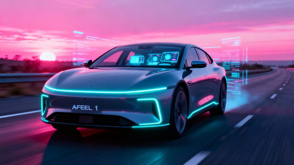 Voiture futuriste électrique sur route au crépuscule.