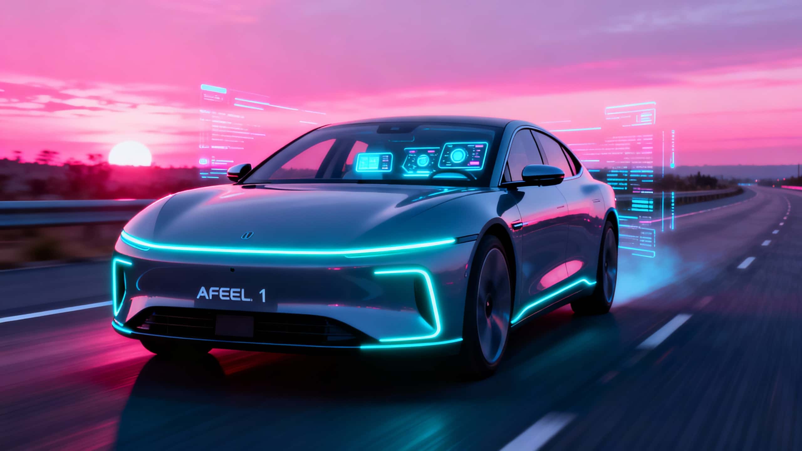 Voiture futuriste électrique sur route au crépuscule.