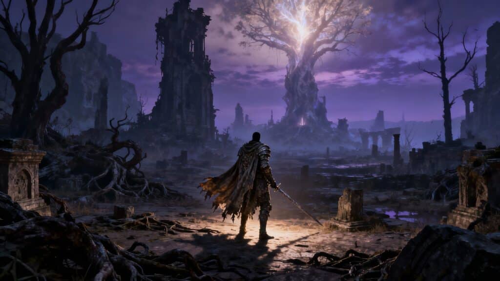 Guerrier en armure face à un arbre lumineux.