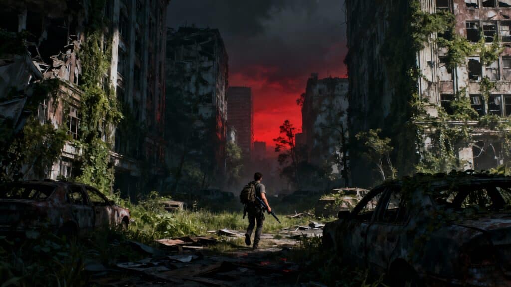 Ville post-apocalyptique avec ciel rouge dramatique.