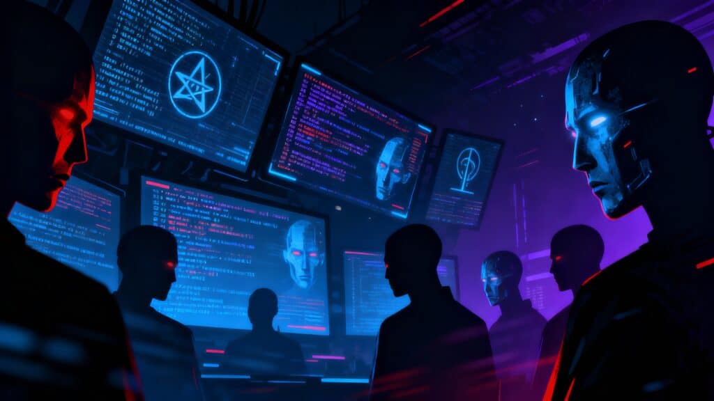 Salle sombre avec écrans et figures futuristes.