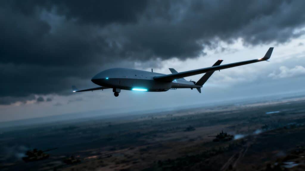 Drone volant sous ciel orageux au-dessus d'un champ.