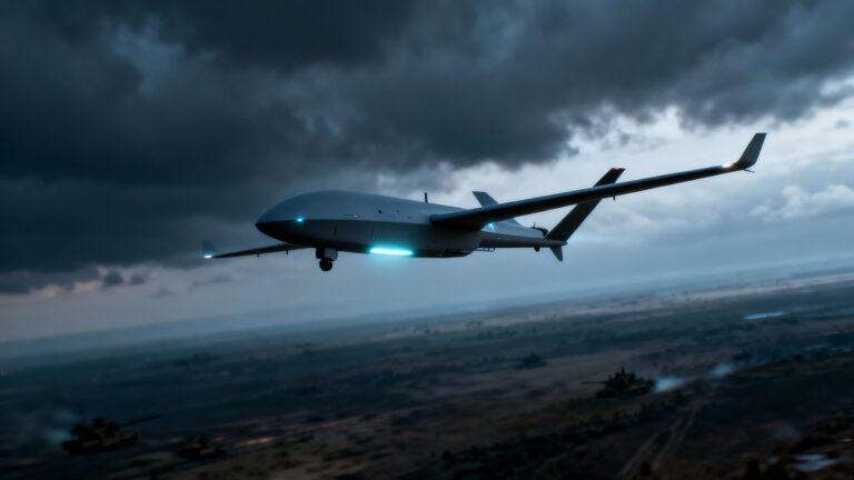 Drone volant sous ciel orageux au-dessus d'un champ.