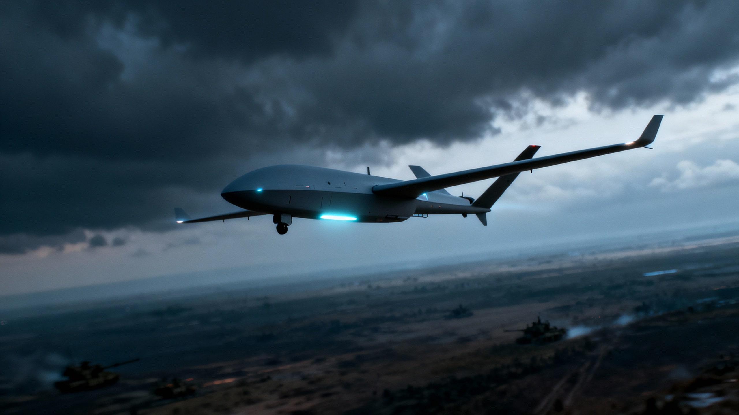 Drone volant sous ciel orageux au-dessus d'un champ.