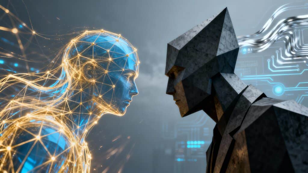 Confrontation entre deux visages humanoïdes futuristes.