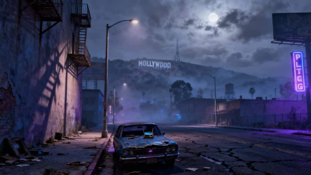 Rue déserte avec panneau Hollywood la nuit.