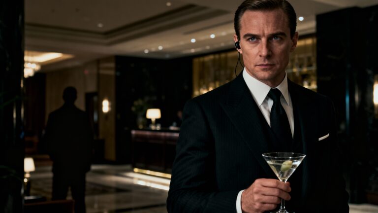 Homme en costume avec cocktail dans un hall.