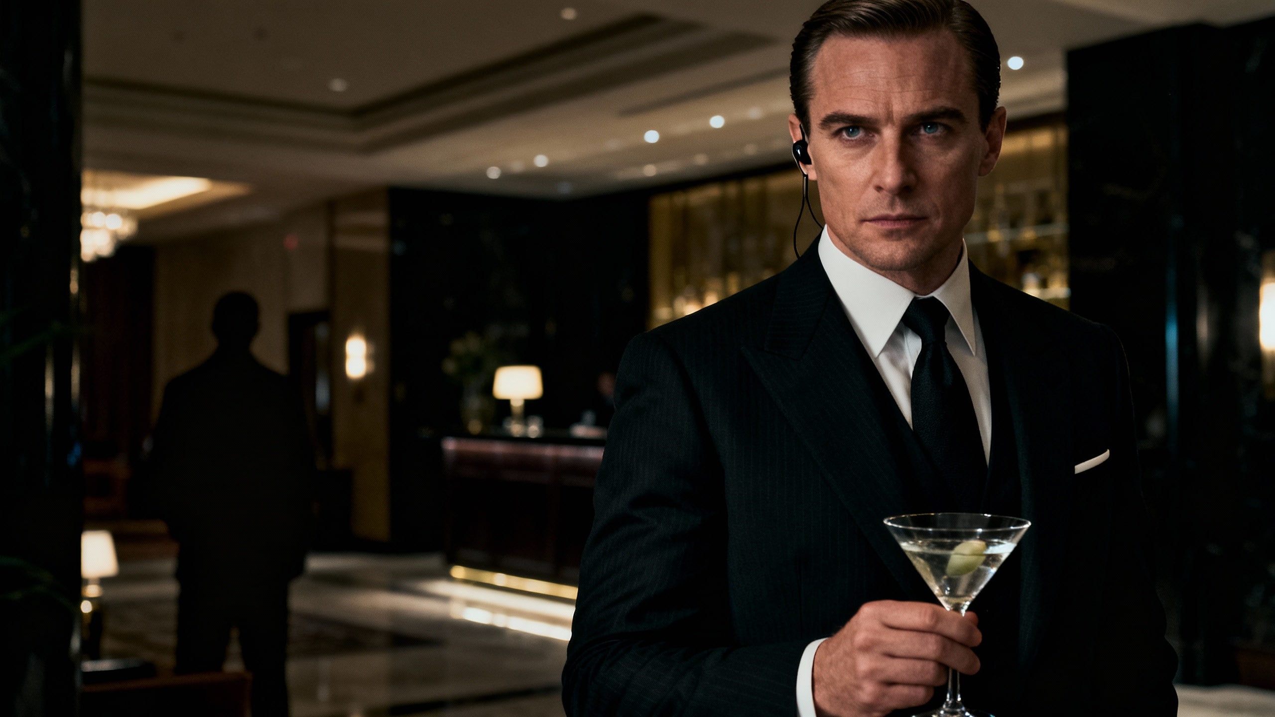 Homme en costume avec cocktail dans un hall.