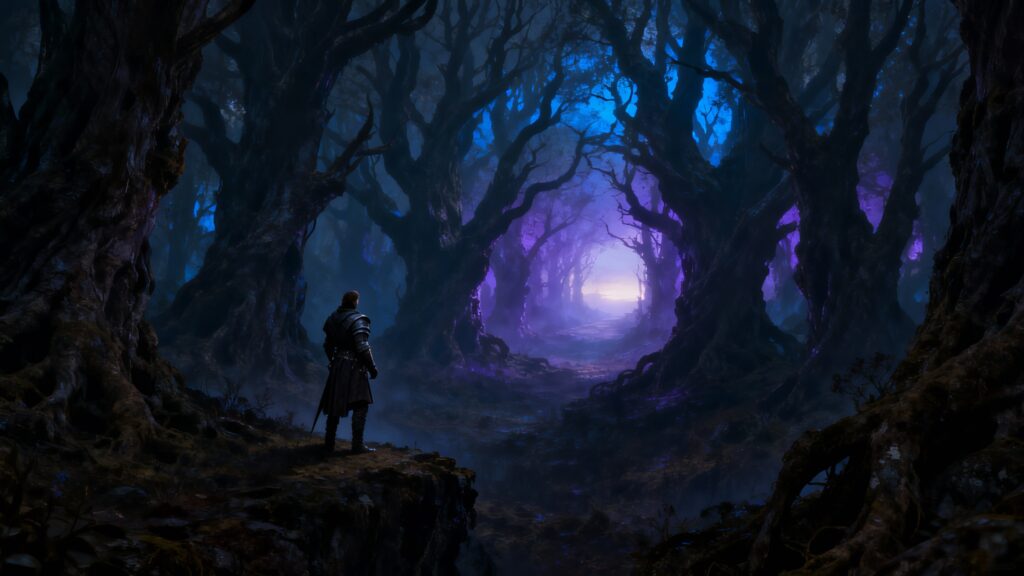 Guerrier face à forêt mystérieuse éclairée.