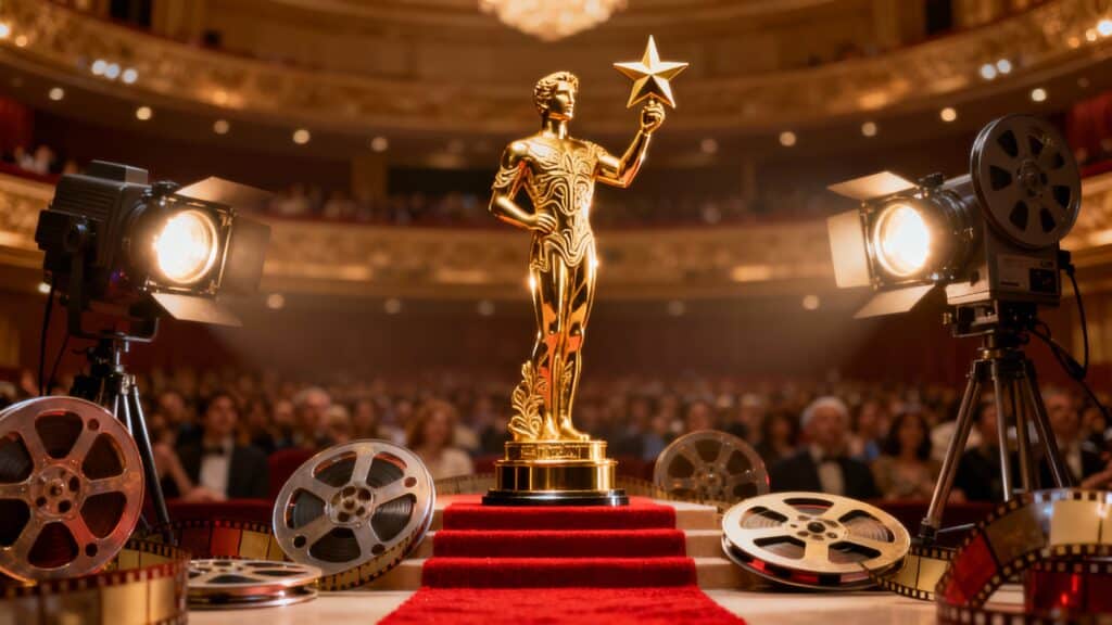 Trophée doré sur scène avec projecteurs et bobines.