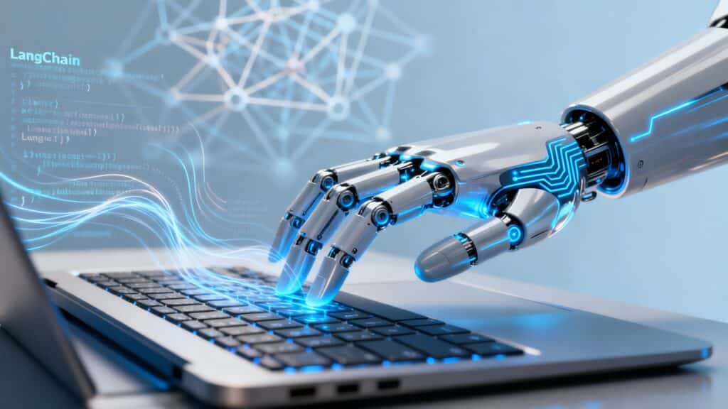 Robot tapant sur un clavier d'ordinateur