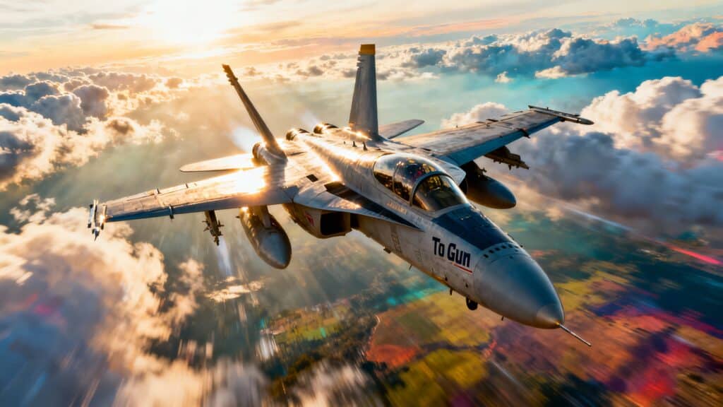 Avion de chasse volant dans le ciel au coucher.