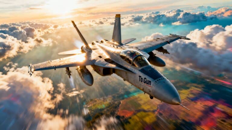 Avion de chasse volant dans le ciel au coucher.