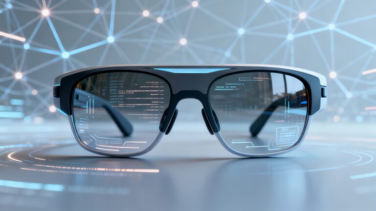 Lunettes de réalité augmentée sur fond technologique.
