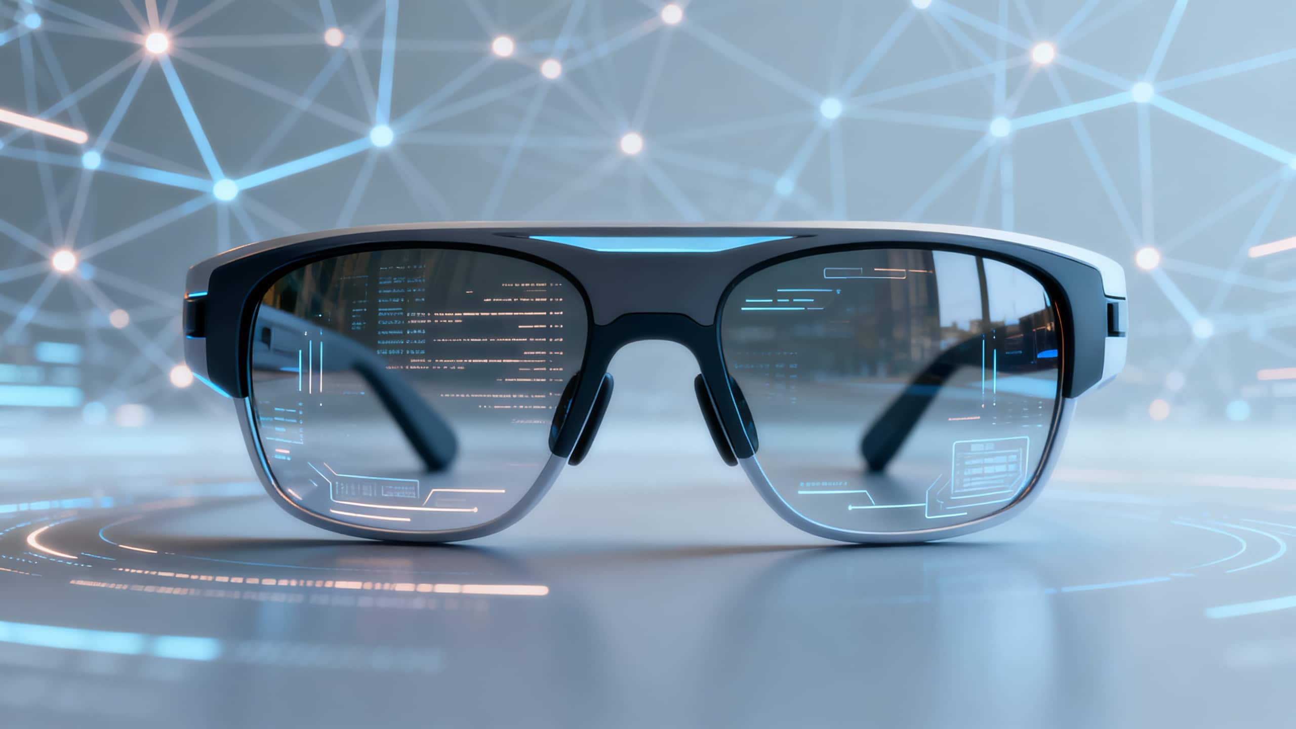 Lunettes de réalité augmentée sur fond technologique.