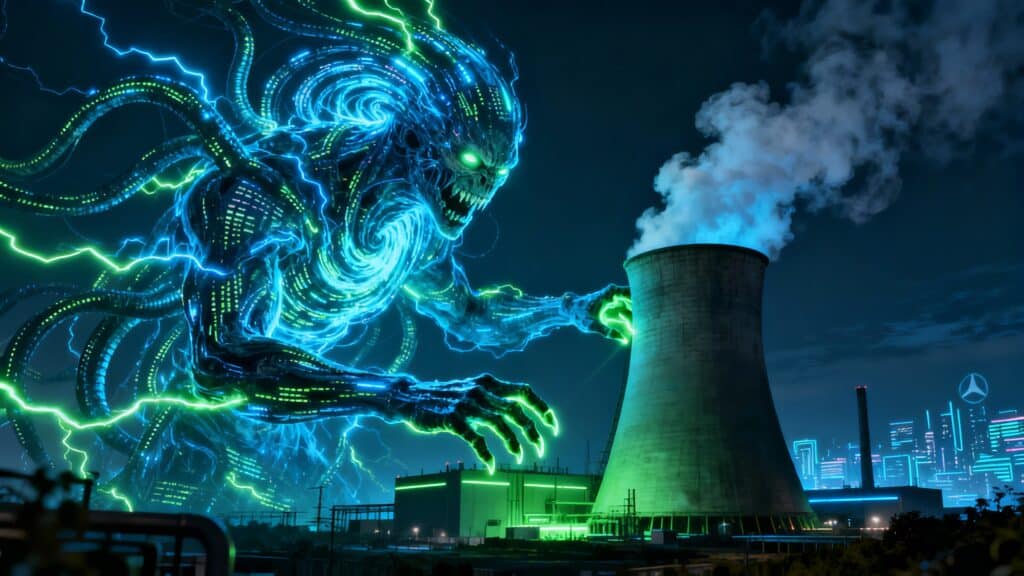 Monstre électrique géant attaquant centrale nucléaire futuriste.