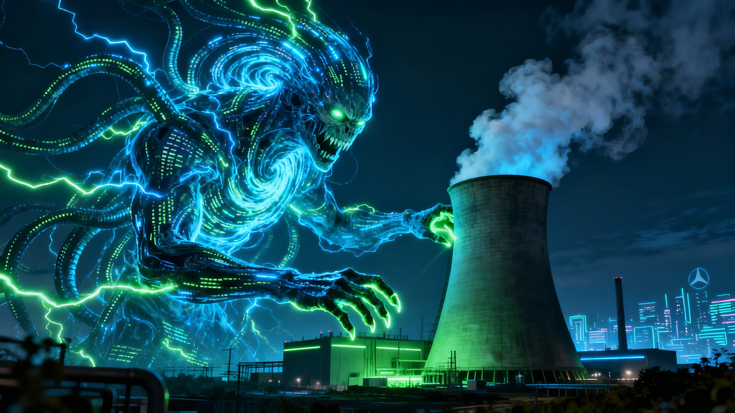 Monstre électrique géant attaquant centrale nucléaire futuriste.