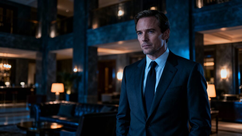 Homme en costume sombre dans un hall élégant.