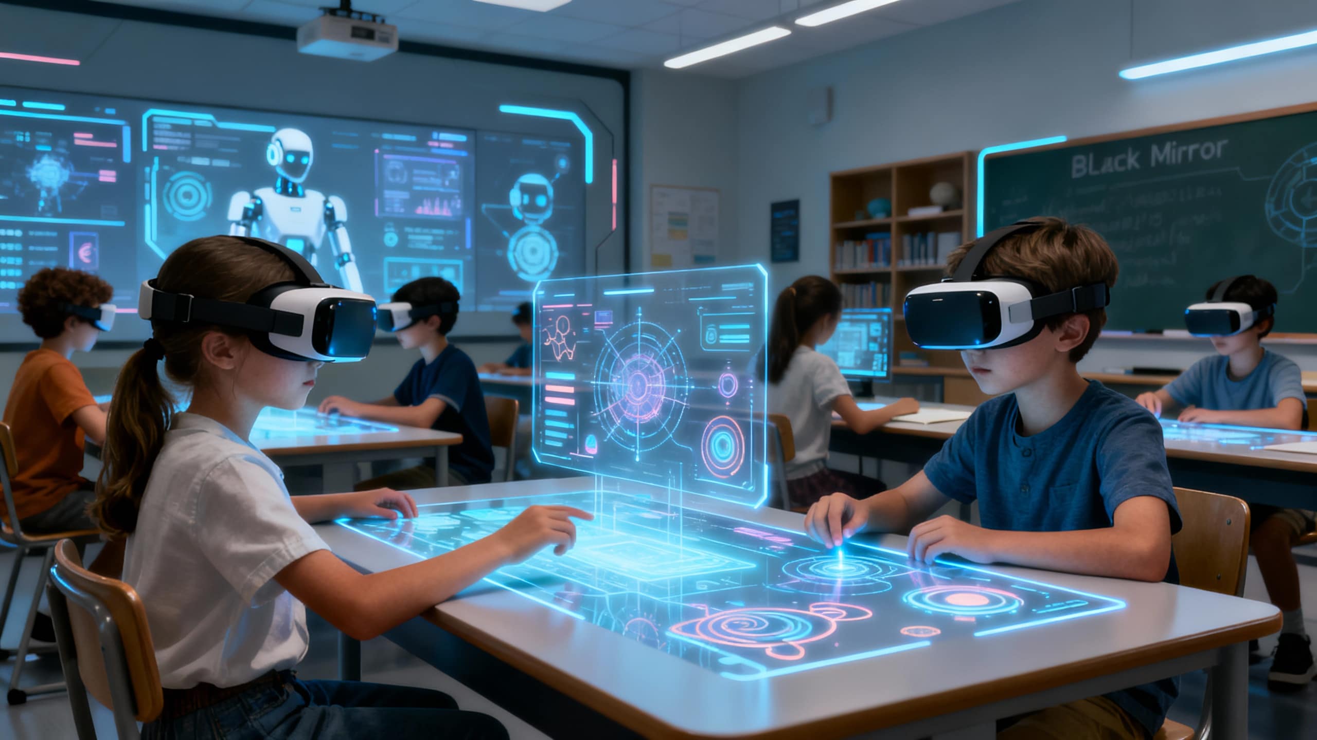 Enfants utilisant réalité virtuelle en classe technologique.
