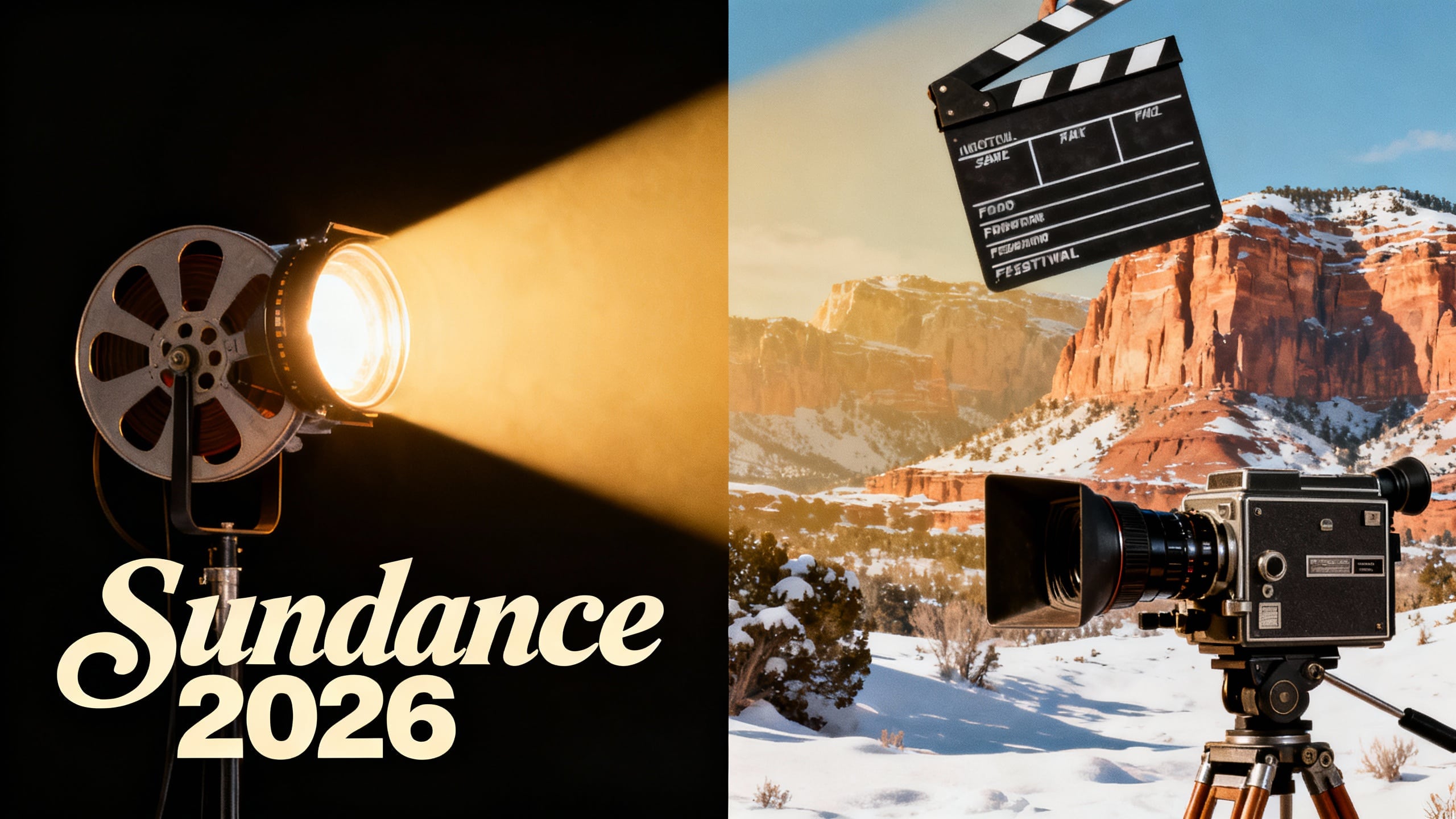 Projecteur et caméra devant paysage enneigé.