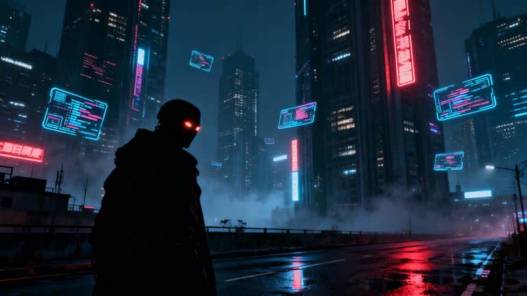 Silhouette urbaine nocturne avec néons.