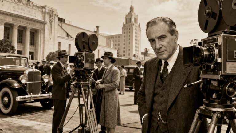 Tournage d'un film en noir et blanc, années 30.