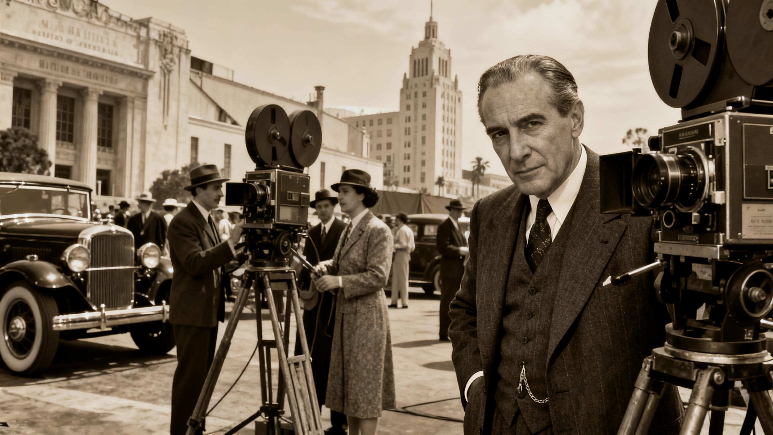 Tournage d'un film en noir et blanc, années 30.