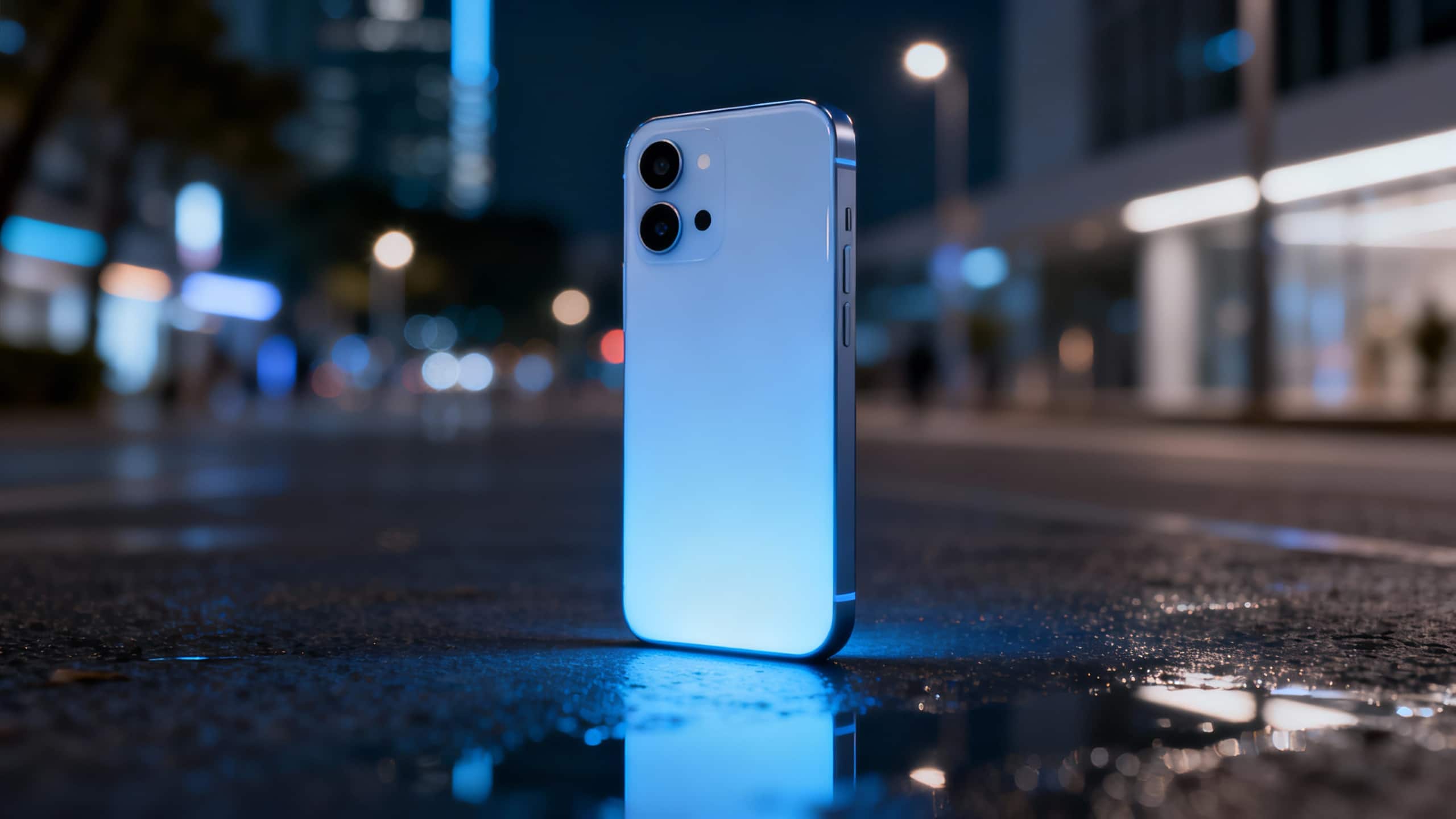 Smartphone en ville la nuit sur trottoir mouillé.