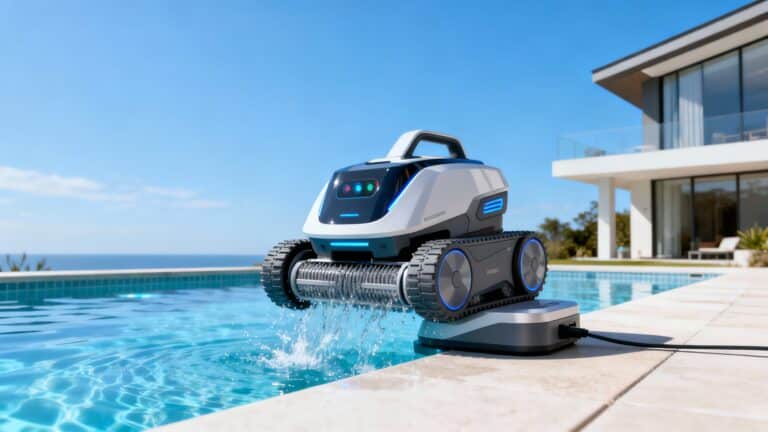 Robot nettoyeur de piscine sur terrasse moderne.