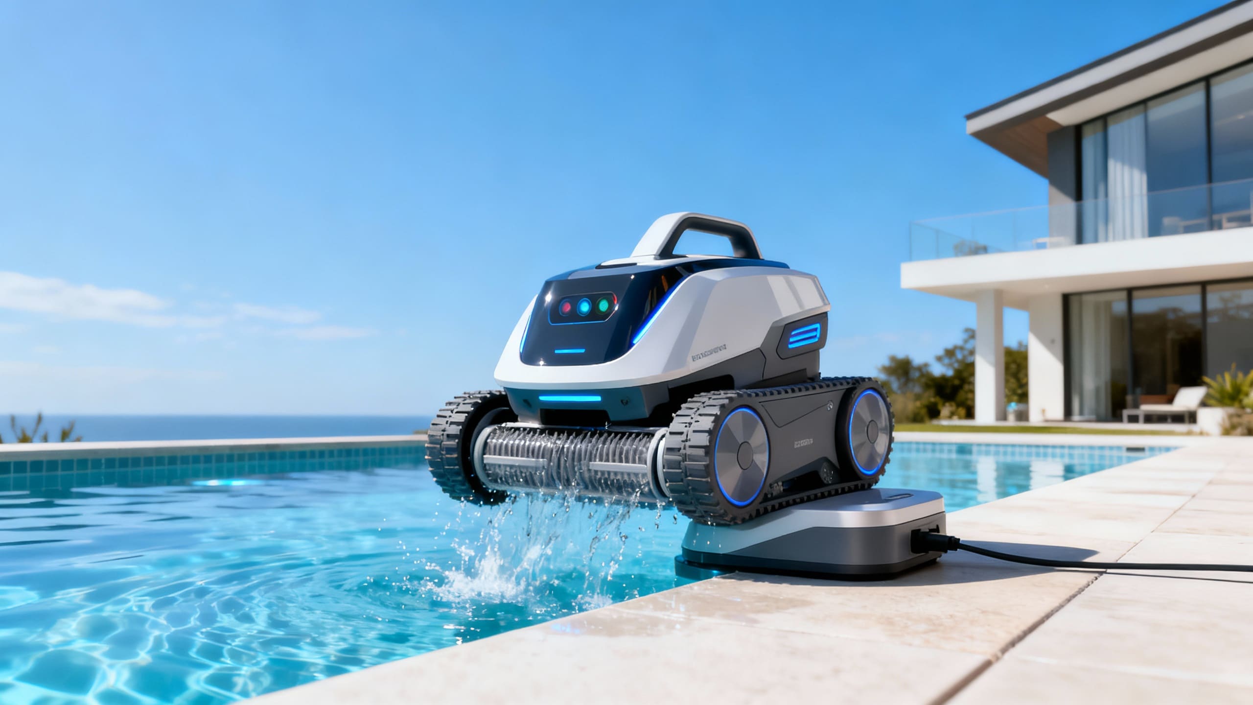 Robot nettoyeur de piscine sur terrasse moderne.