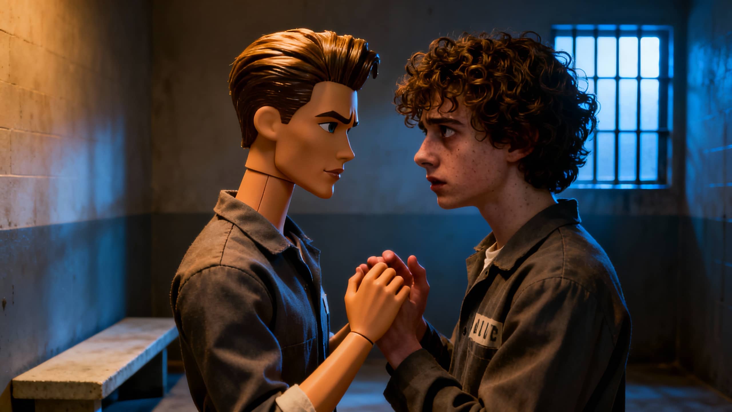 Deux personnes se regardent intensément en prison.