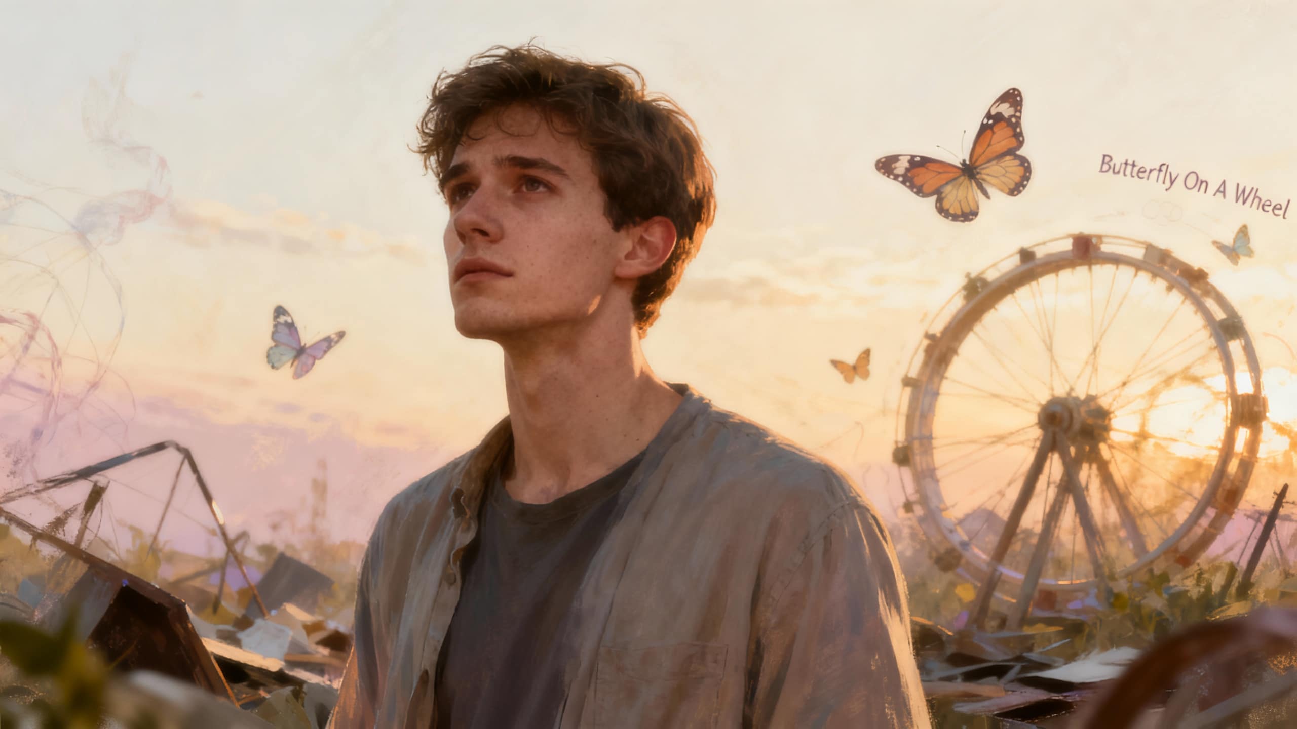 Homme pensif avec papillons et grande roue au coucher du soleil.