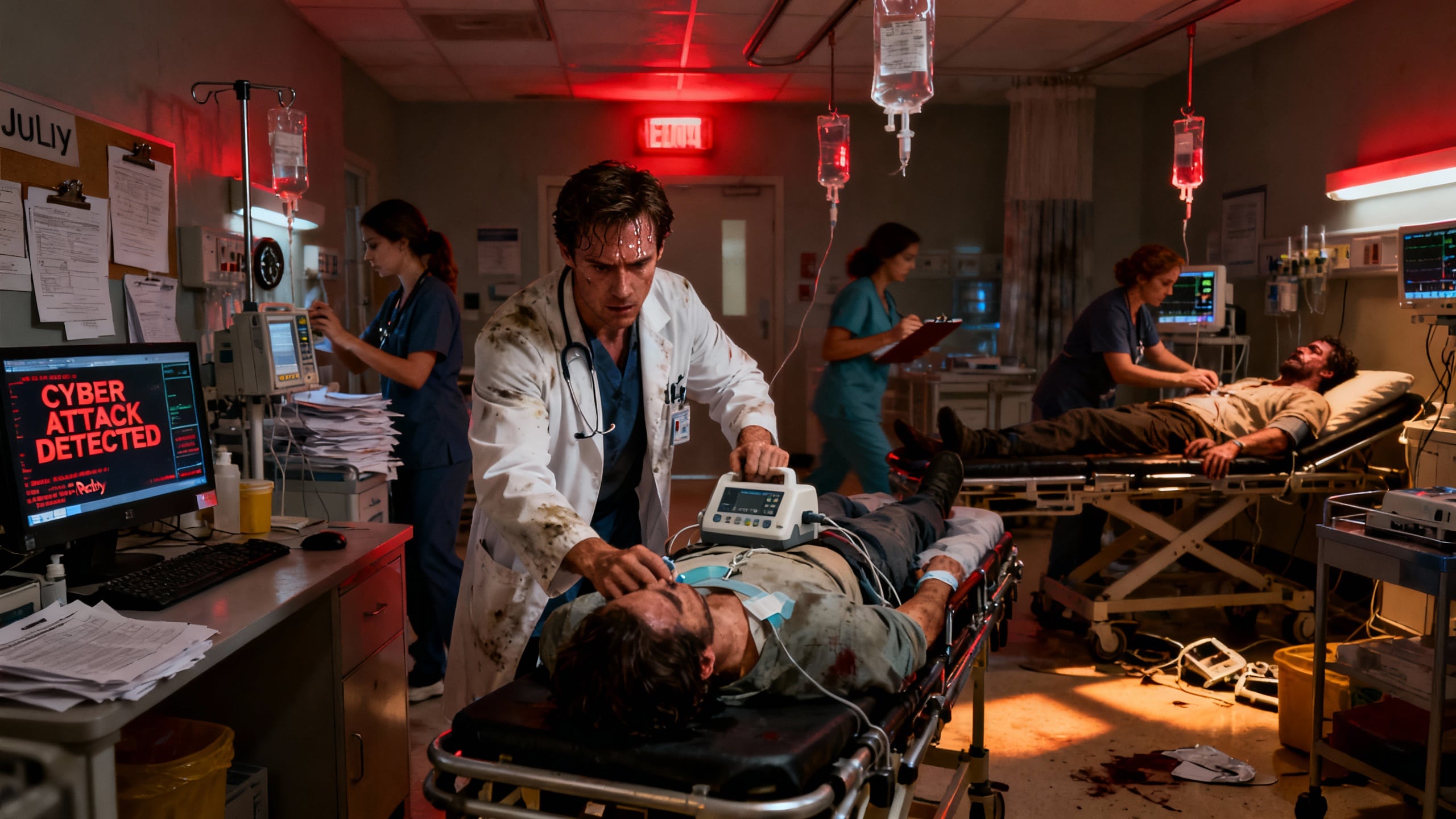 Urgence médicale, cyberattaque signalée sur écran.